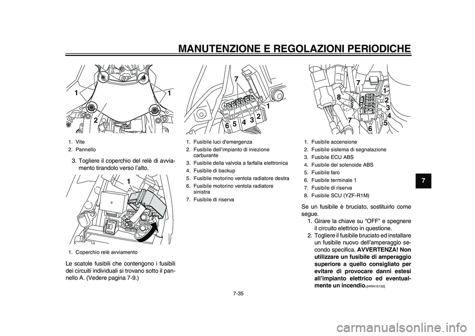 YAMAHA YZF-R1M 2015  Manuale duso (in Italian) MANUTENZIONE E REGOLAZIONI PERIODICHE
7-35
1
2
3
4
5
678
9
10
11
12
3. Togliere il coperchio del relè di avvia- mento tirandolo verso l’alto.
Le scatole fusibili che contengono i fusibili
dei circu