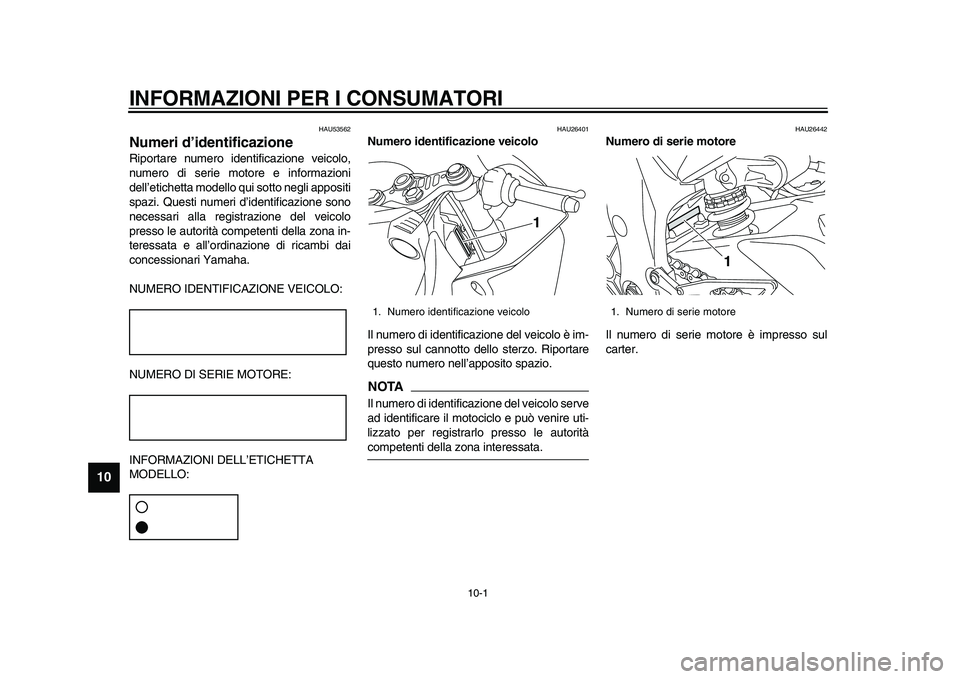 YAMAHA YZF-R1M 2015 Manuale duso (in Italian) 10-1
1
2
3
4
5
6
7
8
910
11
12
INFORMAZIONI PER I CONSUMATORI
HAU53562
Numeri d’identificazioneRiportare numero identificazione veicolo,
numero di serie motore e informazioni
dell’etichetta modell YAMAHA YZF-R1M 2015 Manuale duso (in Italian) 10-1
1
2
3
4
5
6
7
8
910
11
12
INFORMAZIONI PER I CONSUMATORI
HAU53562
Numeri d’identificazioneRiportare numero identificazione veicolo,
numero di serie motore e informazioni
dell’etichetta modell