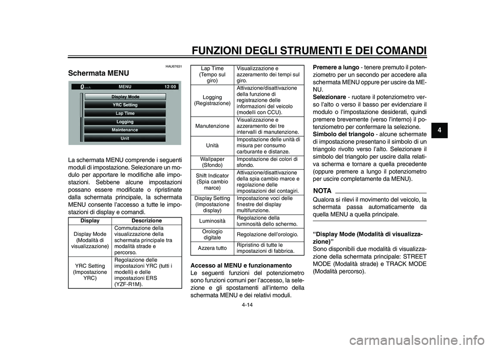 YAMAHA YZF-R1M 2015 Manuale duso (in Italian) FUNZIONI DEGLI STRUMENTI E DEI COMANDI
4-14
1
2
345
6
7
8
9
10
11
12
HAU67631
Schermata MENULa schermata MENU comprende i seguenti
moduli di impostazione. Selezionare un mo-
dulo per apportare le modi YAMAHA YZF-R1M 2015 Manuale duso (in Italian) FUNZIONI DEGLI STRUMENTI E DEI COMANDI
4-14
1
2
345
6
7
8
9
10
11
12
HAU67631
Schermata MENULa schermata MENU comprende i seguenti
moduli di impostazione. Selezionare un mo-
dulo per apportare le modi