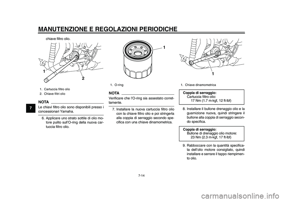 YAMAHA YZF-R1M 2015  Manuale duso (in Italian) MANUTENZIONE E REGOLAZIONI PERIODICHE
7-14
1
2
3
4
5
67
8
9
10
11
12
chiave filtro olio.
NOTALe chiavi filtro olio sono disponibili presso iconcessionari Yamaha. 6. Applicare uno strato sottile di oli