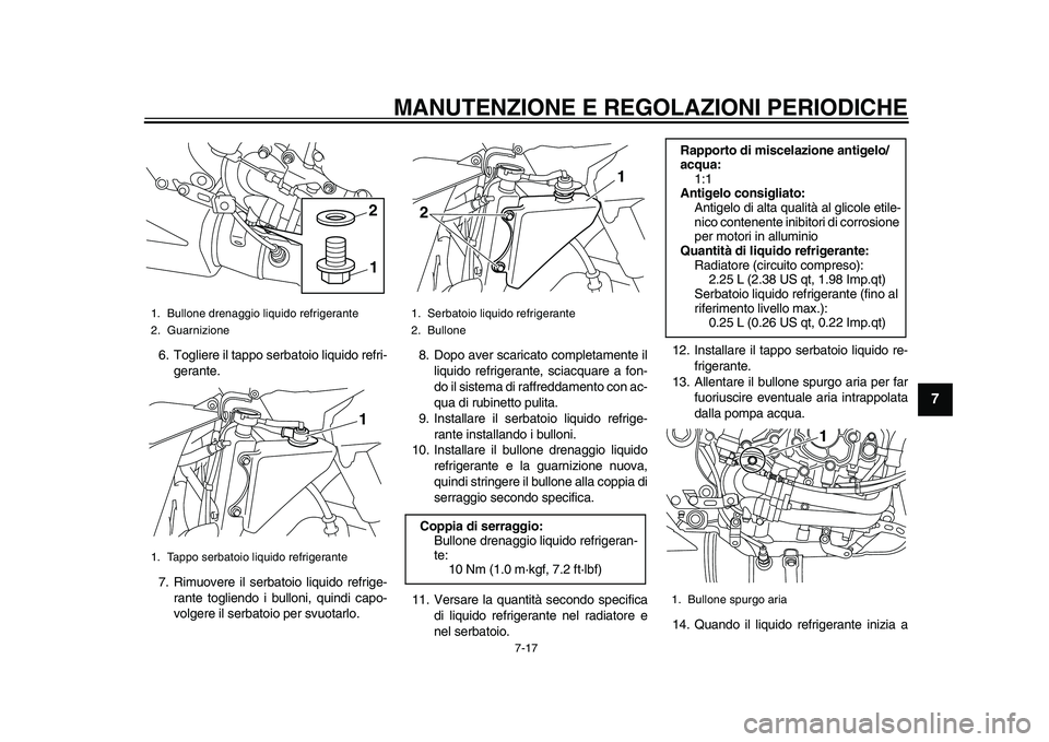 YAMAHA YZF-R1M 2015  Manuale duso (in Italian) MANUTENZIONE E REGOLAZIONI PERIODICHE
7-17
1
2
3
4
5
678
9
10
11
12
6. Togliere il tappo serbatoio liquido refri- gerante.
7. Rimuovere il serbatoio liquido refrige- rante togliendo i bulloni, quindi 