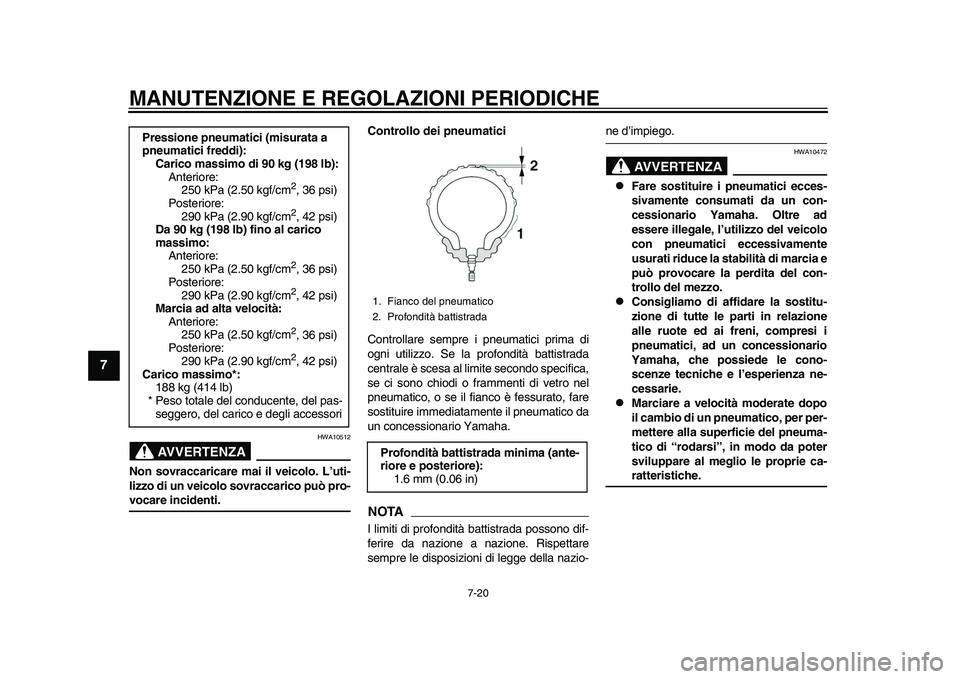 YAMAHA YZF-R1M 2015  Manuale duso (in Italian) MANUTENZIONE E REGOLAZIONI PERIODICHE
7-20
1
2
3
4
5
67
8
9
10
11
12
AVVERTENZA
HWA10512
Non sovraccaricare mai il veicolo. L’uti-
lizzo di un veicolo sovraccarico può pro-vocare incidenti. Control