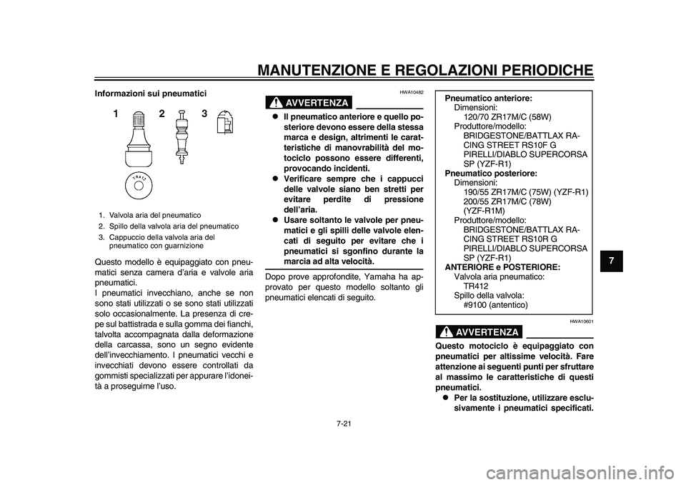 YAMAHA YZF-R1M 2015  Manuale duso (in Italian) MANUTENZIONE E REGOLAZIONI PERIODICHE
7-21
1
2
3
4
5
678
9
10
11
12
Informazioni sui pneumatici
Questo modello è equipaggiato con pneu-
matici senza camera d’aria e valvole aria
pneumatici.
I pneum