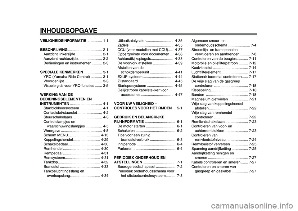 YAMAHA YZF-R1M 2015  Manual de utilização (in Portuguese) INHOUDSOPGAVEVEILIGHEIDSINFORMATIE...............  1-1
BESCHRIJVING .................................  2-1
Aanzicht linkerzijde ..........................  2-1
Aanzicht rechterzijde ..................