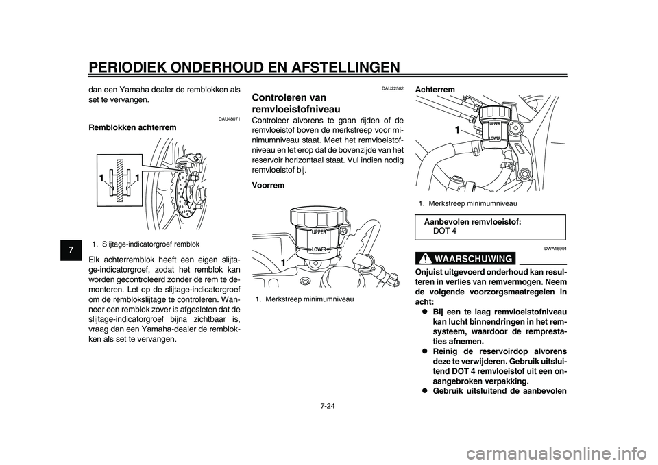 YAMAHA YZF-R1 2015 Instructieboekje (in Dutch) PERIODIEK ONDERHOUD EN AFSTELLINGEN
7-24
1
2
3
4
5
67
8
9
10
11
12
dan een Yamaha dealer de remblokken als
set te vervangen.
DAU48071
Remblokken achterrem
Elk achterremblok heeft een eigen slijta-
ge- YAMAHA YZF-R1 2015 Instructieboekje (in Dutch) PERIODIEK ONDERHOUD EN AFSTELLINGEN
7-24
1
2
3
4
5
67
8
9
10
11
12
dan een Yamaha dealer de remblokken als
set te vervangen.
DAU48071
Remblokken achterrem
Elk achterremblok heeft een eigen slijta-
ge-