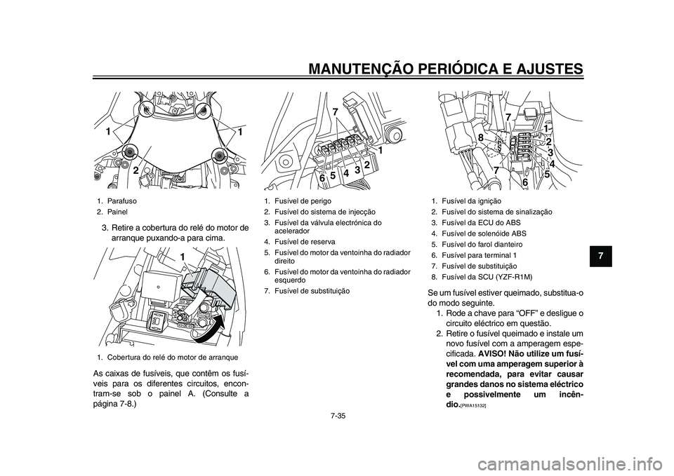 YAMAHA YZF-R1 2015 Manual de utilização (in Portuguese) MANUTENÇÃO PERIÓDICA E AJUSTES
7-35
1
2
3
4
5
678
9
10
11
12
3. Retire a cobertura do relé do motor de arranque puxando-a para cima.
As caixas de fusíveis, que contêm os fusí-
veis para os dife YAMAHA YZF-R1 2015 Manual de utilização (in Portuguese) MANUTENÇÃO PERIÓDICA E AJUSTES
7-35
1
2
3
4
5
678
9
10
11
12
3. Retire a cobertura do relé do motor de arranque puxando-a para cima.
As caixas de fusíveis, que contêm os fusí-
veis para os dife