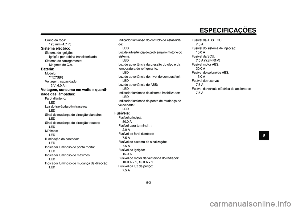 YAMAHA YZF-R1 2015 Manual de utilização (in Portuguese) ESPECIFICAÇÕES
9-3
1
2
3
4
5
6
7
8910
11
12
Curso da roda:120 mm (4.7 in)Sistema eléctrico:Sistema de ignição:Ignição por bobina transistorizada
Sistema de carregamento: Magneto de C.A.Bateria: YAMAHA YZF-R1 2015 Manual de utilização (in Portuguese) ESPECIFICAÇÕES
9-3
1
2
3
4
5
6
7
8910
11
12
Curso da roda:120 mm (4.7 in)Sistema eléctrico:Sistema de ignição:Ignição por bobina transistorizada
Sistema de carregamento: Magneto de C.A.Bateria: