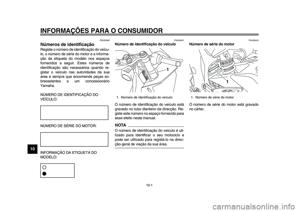 YAMAHA YZF-R1 2015 Manual de utilização (in Portuguese) 10-1
1
2
3
4
5
6
7
8
910
11
12
INFORMAÇÕES PARA O CONSUMIDOR
PAU53562
Números de identificaçãoRegiste o número de identificação do veícu-
lo, o número de série do motor e a informa-
ção d YAMAHA YZF-R1 2015 Manual de utilização (in Portuguese) 10-1
1
2
3
4
5
6
7
8
910
11
12
INFORMAÇÕES PARA O CONSUMIDOR
PAU53562
Números de identificaçãoRegiste o número de identificação do veícu-
lo, o número de série do motor e a informa-
ção d