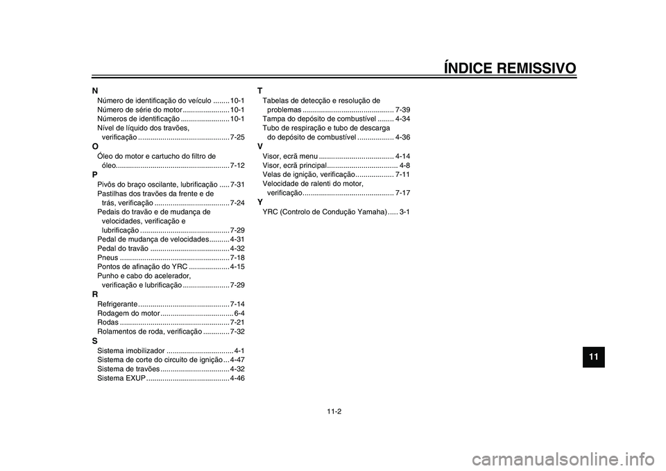 YAMAHA YZF-R1 2015 Manual de utilização (in Portuguese) ÍNDICE REMISSIVO
11-2
1
2
3
4
5
6
7
8
9
101112
NNúmero de identificação do veículo ........ 10-1
Número de série do motor ....................... 10-1
Números de identificação .............. YAMAHA YZF-R1 2015 Manual de utilização (in Portuguese) ÍNDICE REMISSIVO
11-2
1
2
3
4
5
6
7
8
9
101112
NNúmero de identificação do veículo ........ 10-1
Número de série do motor ....................... 10-1
Números de identificação ..............