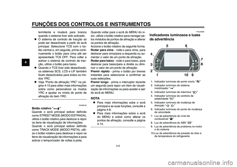 YAMAHA YZF-R1 2015 Manual de utilização (in Portuguese) FUNÇÕES DOS CONTROLOS E INSTRUMENTOS
4-5
1
2
34
5
6
7
8
9
10
11
12
termitente e mudará para branco
quando o sistema tiver sido activado.
O sistema de controlo de tracção só
pode ser desactiv YAMAHA YZF-R1 2015 Manual de utilização (in Portuguese) FUNÇÕES DOS CONTROLOS E INSTRUMENTOS
4-5
1
2
34
5
6
7
8
9
10
11
12
termitente e mudará para branco
quando o sistema tiver sido activado.
O sistema de controlo de tracção só
pode ser desactiv