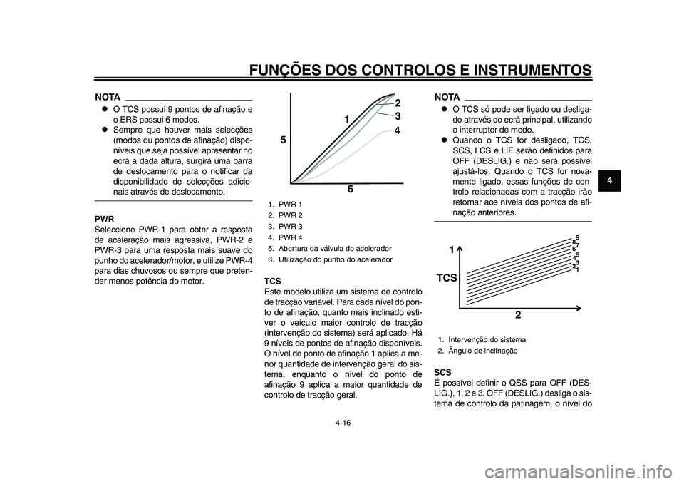 YAMAHA YZF-R1 2015 Manual de utilização (in Portuguese) FUNÇÕES DOS CONTROLOS E INSTRUMENTOS
4-16
1
2
345
6
7
8
9
10
11
12
NOTA
O TCS possui 9 pontos de afinação e
o ERS possui 6 modos.
Sempre que houver mais selecções
(modos ou pontos de afin YAMAHA YZF-R1 2015 Manual de utilização (in Portuguese) FUNÇÕES DOS CONTROLOS E INSTRUMENTOS
4-16
1
2
345
6
7
8
9
10
11
12
NOTA
O TCS possui 9 pontos de afinação e
o ERS possui 6 modos.
Sempre que houver mais selecções
(modos ou pontos de afin