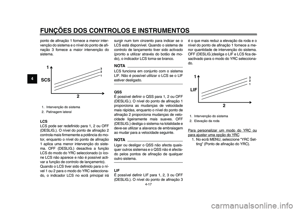 YAMAHA YZF-R1 2015 Manual de utilização (in Portuguese) FUNÇÕES DOS CONTROLOS E INSTRUMENTOS
4-17
1
2
34
5
6
7
8
9
10
11
12
ponto de afinação 1 fornece a menor inter-
venção do sistema e o nível do ponto de afi-
nação 3 fornece a maior intervenç YAMAHA YZF-R1 2015 Manual de utilização (in Portuguese) FUNÇÕES DOS CONTROLOS E INSTRUMENTOS
4-17
1
2
34
5
6
7
8
9
10
11
12
ponto de afinação 1 fornece a menor inter-
venção do sistema e o nível do ponto de afi-
nação 3 fornece a maior intervenç