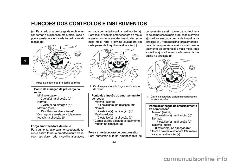 YAMAHA YZF-R1 2015 Manual de utilização (in Portuguese) FUNÇÕES DOS CONTROLOS E INSTRUMENTOS
4-41
1
2
34
5
6
7
8
9
10
11
12
(a). Para reduzir a pré-carga da mola e as-
sim tornar a suspensão mais mole, rode a
porca ajustadora em cada forquilha na di-
YAMAHA YZF-R1 2015 Manual de utilização (in Portuguese) FUNÇÕES DOS CONTROLOS E INSTRUMENTOS
4-41
1
2
34
5
6
7
8
9
10
11
12
(a). Para reduzir a pré-carga da mola e as-
sim tornar a suspensão mais mole, rode a
porca ajustadora em cada forquilha na di-
