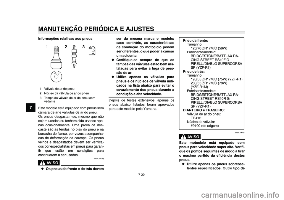 YAMAHA YZF-R1 2015 Manual de utilização (in Portuguese) MANUTENÇÃO PERIÓDICA E AJUSTES
7-20
1
2
3
4
5
67
8
9
10
11
12
Informações relativas aos pneus
Este modelo está equipado com pneus sem
câmara de ar e válvulas de ar do pneu.
Os pneus desgastam- YAMAHA YZF-R1 2015 Manual de utilização (in Portuguese) MANUTENÇÃO PERIÓDICA E AJUSTES
7-20
1
2
3
4
5
67
8
9
10
11
12
Informações relativas aos pneus
Este modelo está equipado com pneus sem
câmara de ar e válvulas de ar do pneu.
Os pneus desgastam-