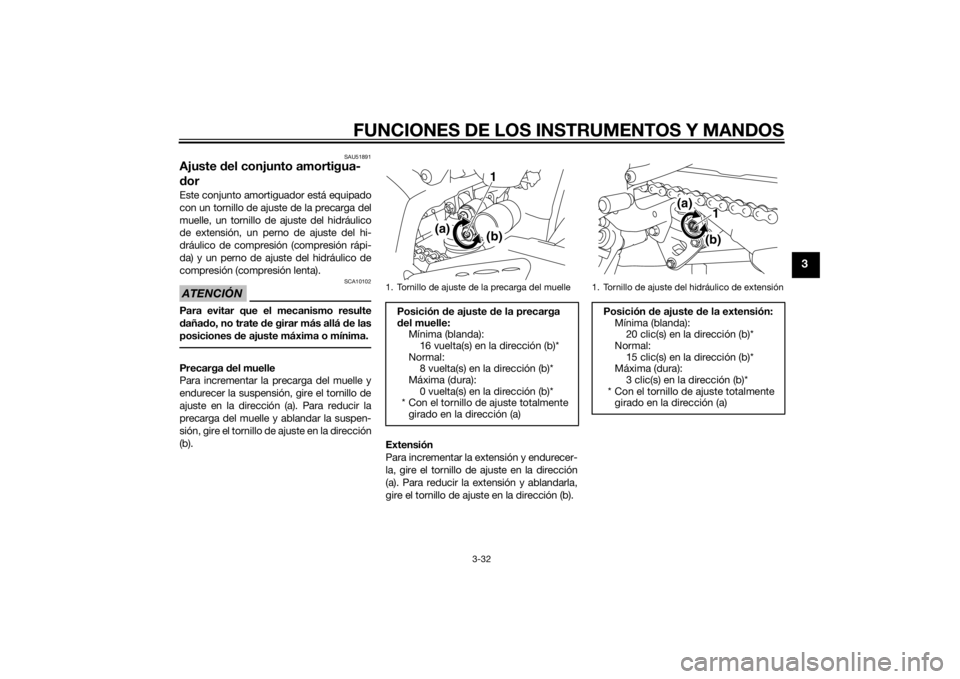 YAMAHA YZF-R1 2014  Manuale de Empleo (in Spanish) FUNCIONES DE LOS INSTRUMENTOS Y MANDOS
3-32
3
SAU51891
Ajuste del conjunto amortigua-
d orEste conjunto amortiguador está equipado
con un tornillo de ajuste de la precarga del
muelle, un tornillo de 