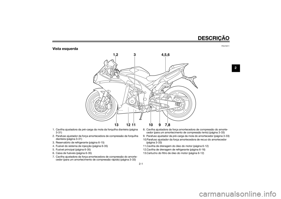 YAMAHA YZF-R1 2014 Manual de utilização (in Portuguese) DESCRIÇÃO
2-1
2
PAU10411
Vista esquerda
1,2
3
4,5,6
13
12
11
10
7,8
9
1. Cavilha ajustadora da pré-carga da mola da forquilha dianteira (página 3-31)
2. Parafuso ajustador da força amortecedora YAMAHA YZF-R1 2014 Manual de utilização (in Portuguese) DESCRIÇÃO
2-1
2
PAU10411
Vista esquerda
1,2
3
4,5,6
13
12
11
10
7,8
9
1. Cavilha ajustadora da pré-carga da mola da forquilha dianteira (página 3-31)
2. Parafuso ajustador da força amortecedora