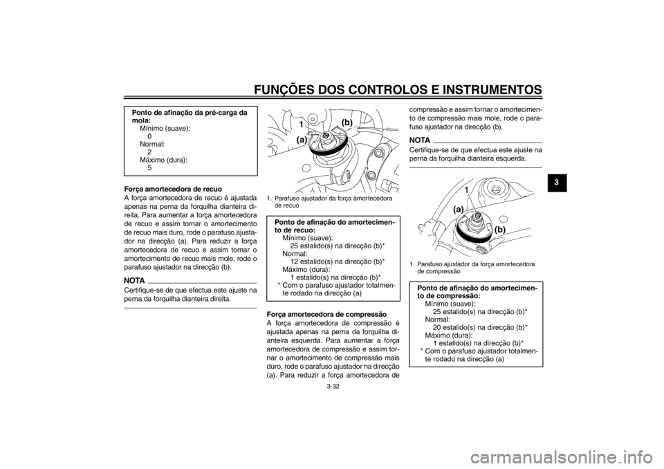 YAMAHA YZF-R1 2013 Manual de utilização (in Portuguese) FUNÇÕES DOS CONTROLOS E INSTRUMENTOS
3-32
3
Força amortecedora de recuo
A força amortecedora de recuo é ajustada
apenas na perna da forquilha dianteira di-
reita. Para aumentar a força amorteced YAMAHA YZF-R1 2013 Manual de utilização (in Portuguese) FUNÇÕES DOS CONTROLOS E INSTRUMENTOS
3-32
3
Força amortecedora de recuo
A força amortecedora de recuo é ajustada
apenas na perna da forquilha dianteira di-
reita. Para aumentar a força amorteced
