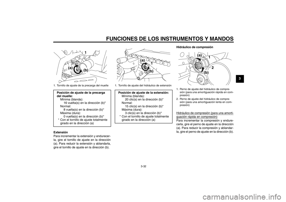 YAMAHA YZF-R1 2012  Manuale de Empleo (in Spanish) FUNCIONES DE LOS INSTRUMENTOS Y MANDOS
3-32
3
Extensión
Para incrementar la extensión y endurecer-
la, gire el tornillo de ajuste en la dirección
(a). Para reducir la extensión y ablandarla,
gire 