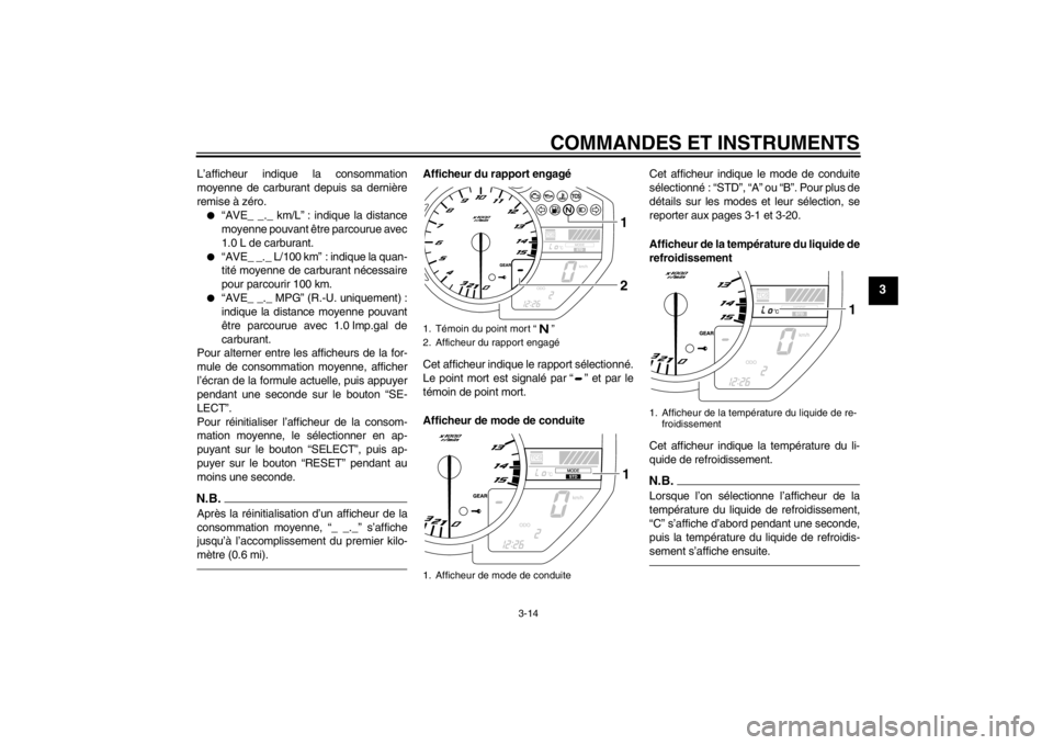 YAMAHA YZF-R1 2012 Notices Demploi (in French) COMMANDES ET INSTRUMENTS
3-14
3
L’afficheur indique la consommation
moyenne de carburant depuis sa dernière
remise à zéro.●
“AVE_ _._ km/L” : indique la distance
moyenne pouvant être parco YAMAHA YZF-R1 2012 Notices Demploi (in French) COMMANDES ET INSTRUMENTS
3-14
3
L’afficheur indique la consommation
moyenne de carburant depuis sa dernière
remise à zéro.●
“AVE_ _._ km/L” : indique la distance
moyenne pouvant être parco