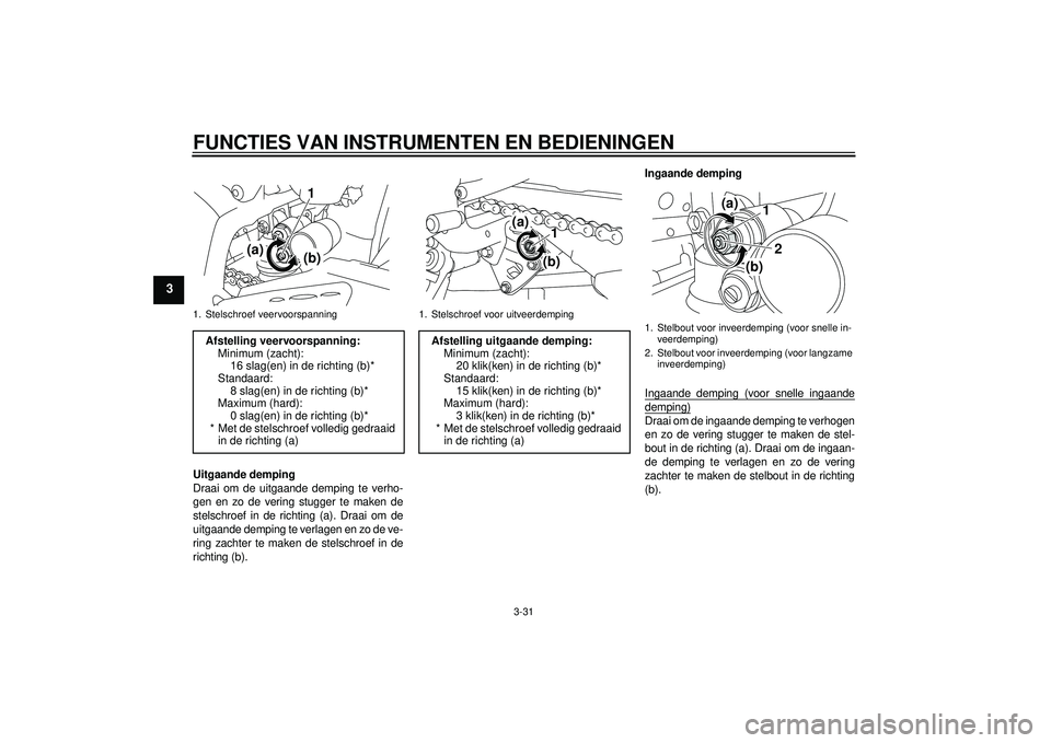 YAMAHA YZF-R1 2012 Instructieboekje (in Dutch) FUNCTIES VAN INSTRUMENTEN EN BEDIENINGEN
3-31
3
Uitgaande demping
Draai om de uitgaande demping te verho-
gen en zo de vering stugger te maken de
stelschroef in de richting (a). Draai om de
uitgaande YAMAHA YZF-R1 2012 Instructieboekje (in Dutch) FUNCTIES VAN INSTRUMENTEN EN BEDIENINGEN
3-31
3
Uitgaande demping
Draai om de uitgaande demping te verho-
gen en zo de vering stugger te maken de
stelschroef in de richting (a). Draai om de
uitgaande