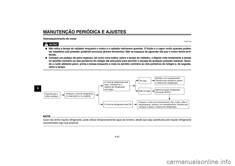 YAMAHA YZF-R1 2012 Manual de utilização (in Portuguese) MANUTENÇÃO PERIÓDICA E AJUSTES
6-42
6
Sobreaquecimento do motor
AV I S O
PWAT1040
●
Não retire a tampa do radiador enquanto o motor e o radiador estiverem quentes. O fluido e o vapor muito quent YAMAHA YZF-R1 2012 Manual de utilização (in Portuguese) MANUTENÇÃO PERIÓDICA E AJUSTES
6-42
6
Sobreaquecimento do motor
AV I S O
PWAT1040
●
Não retire a tampa do radiador enquanto o motor e o radiador estiverem quentes. O fluido e o vapor muito quent