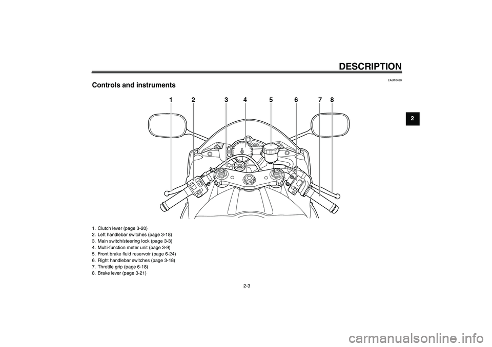 YAMAHA YZF-R1 2011  Owners Manual DESCRIPTION
2-3
2
EAU10430
Controls and instruments
12 3 5 6 78
4
1. Clutch lever (page 3-20)
2. Left handlebar switches (page 3-18)
3. Main switch/steering lock (page 3-3)
4. Multi-function meter uni