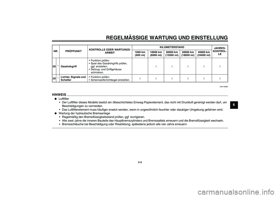 YAMAHA YZF-R1 2011  Betriebsanleitungen (in German) REGELMÄSSIGE WARTUNG UND EINSTELLUNG
6-8
6
GAU18680
HINWEIS
Luftfilter
Der Luftfilter dieses Modells besitzt ein ölbeschichtetes Einweg-Papierelement, das nicht mit Druckluft gereinigt werden darf
