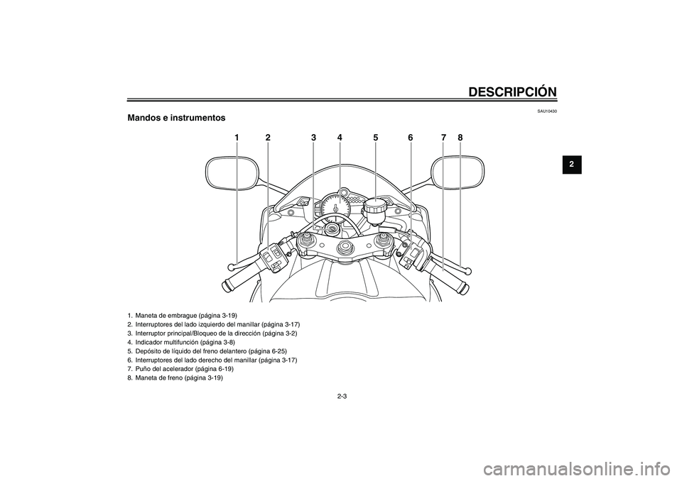 YAMAHA YZF-R1 2011  Manuale de Empleo (in Spanish) DESCRIPCIÓN
2-3
2
SAU10430
Mandos e instrumentos
12 3 5 6 78
4
1. Maneta de embrague (página 3-19)
2. Interruptores del lado izquierdo del manillar (página 3-17)
3. Interruptor principal/Bloqueo de
