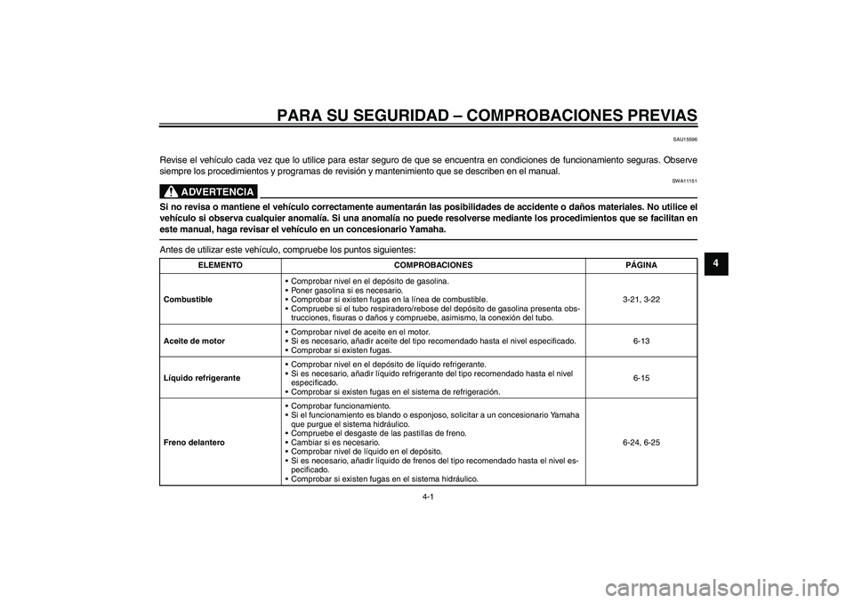 YAMAHA YZF-R1 2011  Manuale de Empleo (in Spanish) PARA SU SEGURIDAD – COMPROBACIONES PREVIAS
4-1
4
SAU15596
Revise el vehículo cada vez que lo utilice para estar seguro de que se encuentra en condiciones de funcionamiento seguras. Observe
siempre 