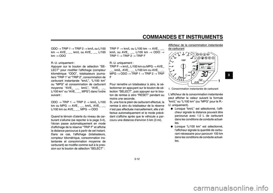 YAMAHA YZF-R1 2011  Notices Demploi (in French) COMMANDES ET INSTRUMENTS
3-12
3
ODO → TRIP 1 → TRIP 2 → km/L ou L/100
km → AVE_ _._ km/L ou AVE_ _._ L/100
km → ODO
R.-U. uniquement :
Appuyer sur le bouton de sélection “SE-
LECT” pour