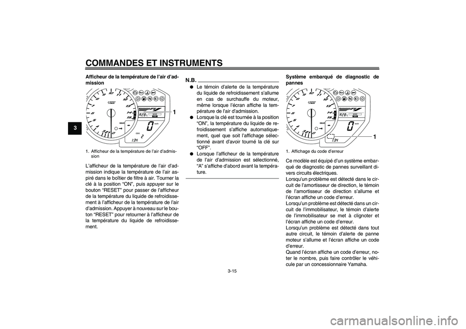 YAMAHA YZF-R1 2011  Notices Demploi (in French) COMMANDES ET INSTRUMENTS
3-15
3
Afficheur de la température de l’air d’ad-
mission
L’afficheur de la température de l’air d’ad-
mission indique la température de l’air as-
piré dans le