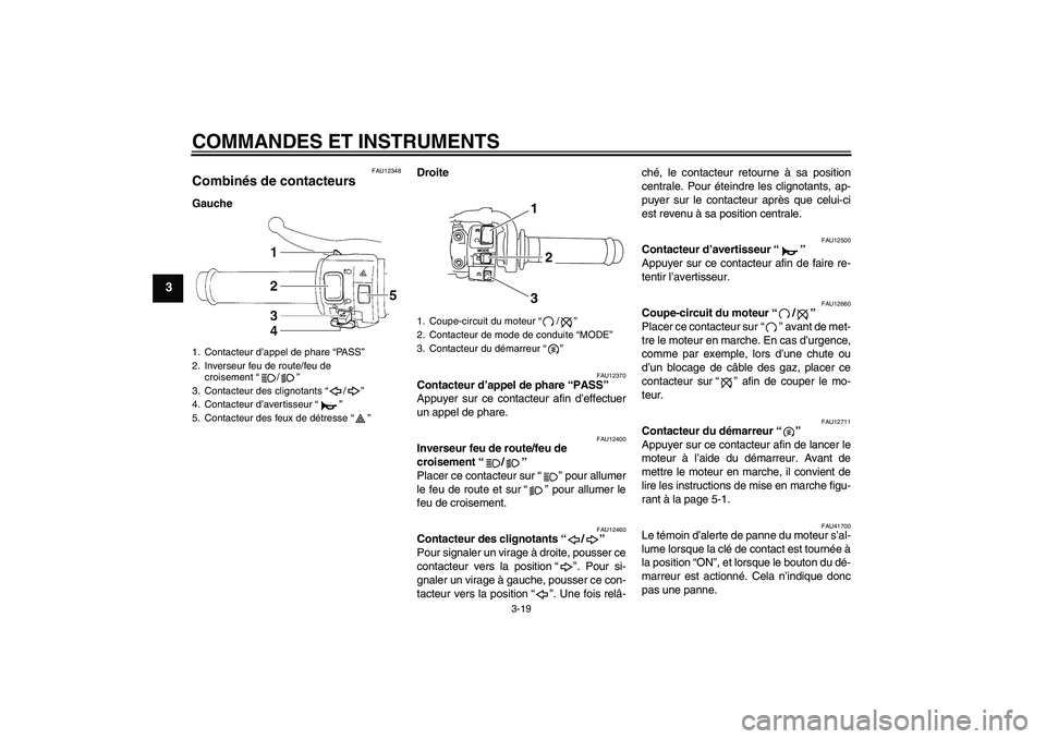 YAMAHA YZF-R1 2011  Notices Demploi (in French) COMMANDES ET INSTRUMENTS
3-19
3
FAU12348
Combinés de contacteurs GaucheDroite
FAU12370
Contacteur d’appel de phare “PASS” 
Appuyer sur ce contacteur afin d’effectuer
un appel de phare.
FAU124