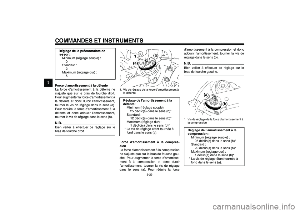 YAMAHA YZF-R1 2011 Notices Demploi (in French) COMMANDES ET INSTRUMENTS
3-29
3
Force d’amortissement à la détente
La force d’amortissement à la détente ne
s’ajuste que sur le bras de fourche droit.
Pour augmenter la force d’amortisseme YAMAHA YZF-R1 2011 Notices Demploi (in French) COMMANDES ET INSTRUMENTS
3-29
3
Force d’amortissement à la détente
La force d’amortissement à la détente ne
s’ajuste que sur le bras de fourche droit.
Pour augmenter la force d’amortisseme