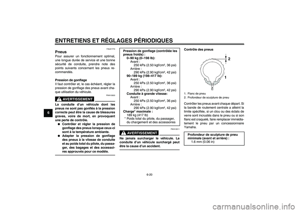 YAMAHA YZF-R1 2011  Notices Demploi (in French) ENTRETIENS ET RÉGLAGES PÉRIODIQUES
6-20
6
FAU21774
Pneus Pour assurer un fonctionnement optimal,
une longue durée de service et une bonne
sécurité de conduite, prendre note des
points suivants co