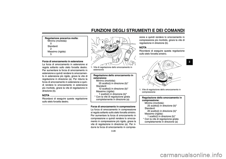YAMAHA YZF-R1 2011 Manuale duso (in Italian) FUNZIONI DEGLI STRUMENTI E DEI COMANDI
3-28
3
Forza di smorzamento in estensione
La forza di smorzamento in estensione si
regola soltanto sullo stelo forcella destro.
Per aumentare la forza di smorzam YAMAHA YZF-R1 2011 Manuale duso (in Italian) FUNZIONI DEGLI STRUMENTI E DEI COMANDI
3-28
3
Forza di smorzamento in estensione
La forza di smorzamento in estensione si
regola soltanto sullo stelo forcella destro.
Per aumentare la forza di smorzam