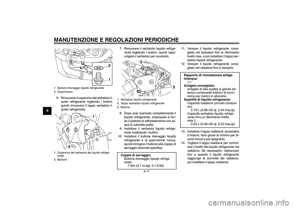 YAMAHA YZF-R1 2011  Manuale duso (in Italian) MANUTENZIONE E REGOLAZIONI PERIODICHE
6-17
6
6. Rimuovere il coperchio del serbatoio li-
quido refrigerante togliendo i bulloni,
quindi rimuovere il tappo serbatoio li-
quido refrigerante.7. Rimuovere