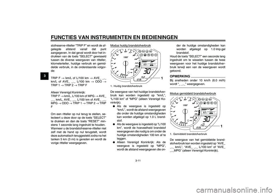 YAMAHA YZF-R1 2011  Instructieboekje (in Dutch) FUNCTIES VAN INSTRUMENTEN EN BEDIENINGEN
3-11
3
stofreserve-ritteller “TRIP F” en wordt de af-
gelegde afstand vanaf dat punt
aangegeven. In dat geval wordt door het in-
drukken van de toets “SE