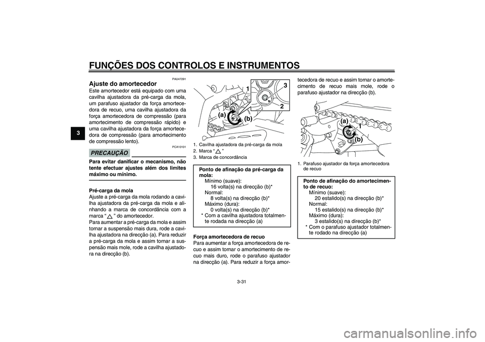 YAMAHA YZF-R1 2011  Manual de utilização (in Portuguese) FUNÇÕES DOS CONTROLOS E INSTRUMENTOS
3-31
3
PAU47291
Ajuste do amortecedor Este amortecedor está equipado com uma
cavilha ajustadora da pré-carga da mola,
um parafuso ajustador da força amortece-