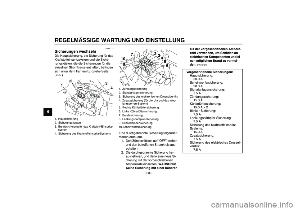YAMAHA YZF-R1 2010  Betriebsanleitungen (in German) REGELMÄSSIGE WARTUNG UND EINSTELLUNG
6-33
6
GAU47311
Sicherungen wechseln Die Hauptsicherung, die Sicherung für das 
Kraftstoffeinspritzsystem und die Siche-
rungskästen, die die Sicherungen für d