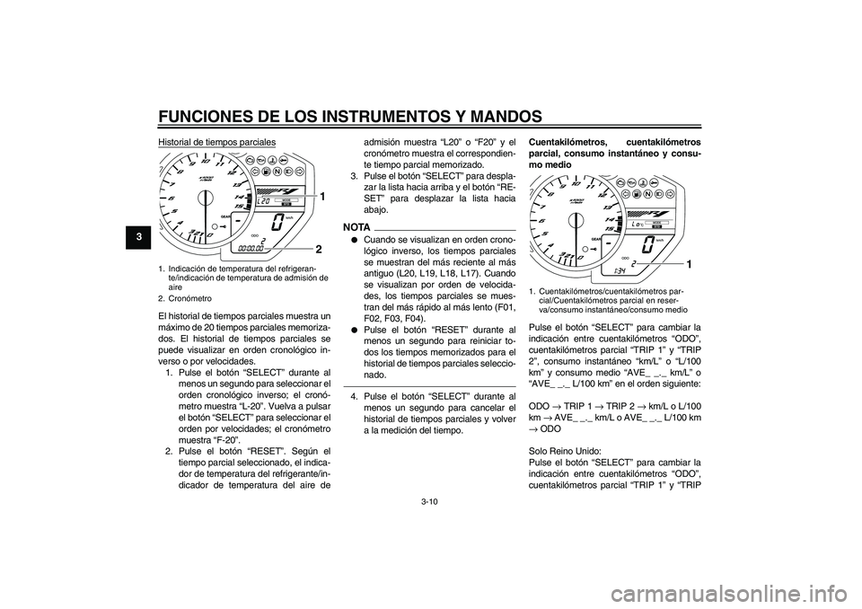 YAMAHA YZF-R1 2010 Manuale de Empleo (in Spanish) FUNCIONES DE LOS INSTRUMENTOS Y MANDOS
3-10
3
Historial de tiempos parcialesEl historial de tiempos parciales muestra un
máximo de 20 tiempos parciales memoriza-
dos. El historial de tiempos parciale YAMAHA YZF-R1 2010 Manuale de Empleo (in Spanish) FUNCIONES DE LOS INSTRUMENTOS Y MANDOS
3-10
3
Historial de tiempos parcialesEl historial de tiempos parciales muestra un
máximo de 20 tiempos parciales memoriza-
dos. El historial de tiempos parciale