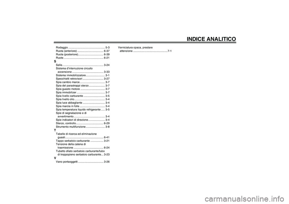 YAMAHA YZF-R1 2010 Manuale duso (in Italian) INDICE ANALITICO
Rodaggio ................................................ 5-3
Ruota (anteriore) .................................. 6-37
Ruota (posteriore)................................. 6-39
Ruote YAMAHA YZF-R1 2010 Manuale duso (in Italian) INDICE ANALITICO
Rodaggio ................................................ 5-3
Ruota (anteriore) .................................. 6-37
Ruota (posteriore)................................. 6-39
Ruote