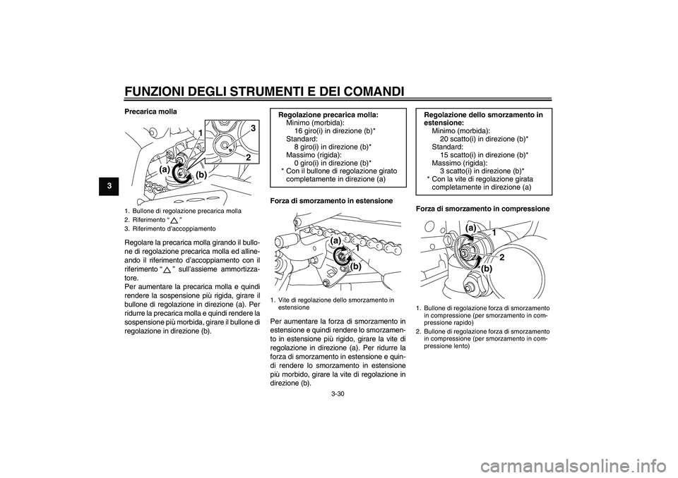 YAMAHA YZF-R1 2010 Manuale duso (in Italian) FUNZIONI DEGLI STRUMENTI E DEI COMANDI
3-30
3
Precarica molla
Regolare la precarica molla girando il bullo-
ne di regolazione precarica molla ed alline-
ando il riferimento d’accoppiamento con il
ri YAMAHA YZF-R1 2010 Manuale duso (in Italian) FUNZIONI DEGLI STRUMENTI E DEI COMANDI
3-30
3
Precarica molla
Regolare la precarica molla girando il bullo-
ne di regolazione precarica molla ed alline-
ando il riferimento d’accoppiamento con il
ri