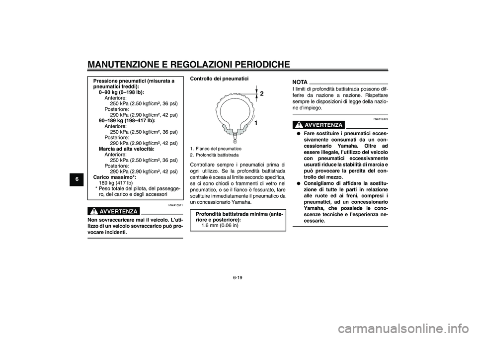 YAMAHA YZF-R1 2010  Manuale duso (in Italian) MANUTENZIONE E REGOLAZIONI PERIODICHE
6-19
6
AVVERTENZA
HWA10511
Non sovraccaricare mai il veicolo. L’uti-
lizzo di un veicolo sovraccarico può pro-
vocare incidenti.
Controllo dei pneumatici
Contr