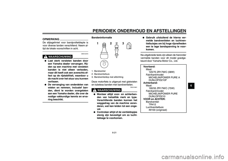 YAMAHA YZF-R1 2010  Instructieboekje (in Dutch) PERIODIEK ONDERHOUD EN AFSTELLINGEN
6-21
6
OPMERKINGDe slijtagelimiet voor bandprofieldiepte is
voor diverse landen verschillend. Neem al-
tijd de lokale voorschriften in acht.
WAARSCHUWING
DWA10470
