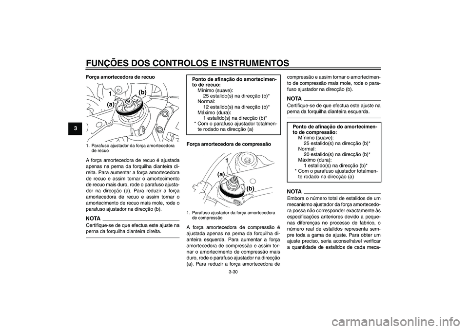 YAMAHA YZF-R1 2010 Manual de utilização (in Portuguese) FUNÇÕES DOS CONTROLOS E INSTRUMENTOS
3-30
3
Força amortecedora de recuo
A força amortecedora de recuo é ajustada
apenas na perna da forquilha dianteira di-
reita. Para aumentar a força amorteced YAMAHA YZF-R1 2010 Manual de utilização (in Portuguese) FUNÇÕES DOS CONTROLOS E INSTRUMENTOS
3-30
3
Força amortecedora de recuo
A força amortecedora de recuo é ajustada
apenas na perna da forquilha dianteira di-
reita. Para aumentar a força amorteced