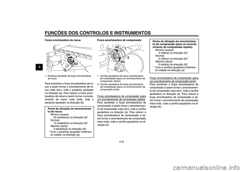 YAMAHA YZF-R1 2010 Manual de utilização (in Portuguese) FUNÇÕES DOS CONTROLOS E INSTRUMENTOS
3-32
3
Força amortecedora de recuo
Para aumentar a força amortecedora de re-
cuo e assim tornar o amortecimento de re-
cuo mais duro, rode o parafuso ajustador YAMAHA YZF-R1 2010 Manual de utilização (in Portuguese) FUNÇÕES DOS CONTROLOS E INSTRUMENTOS
3-32
3
Força amortecedora de recuo
Para aumentar a força amortecedora de re-
cuo e assim tornar o amortecimento de re-
cuo mais duro, rode o parafuso ajustador