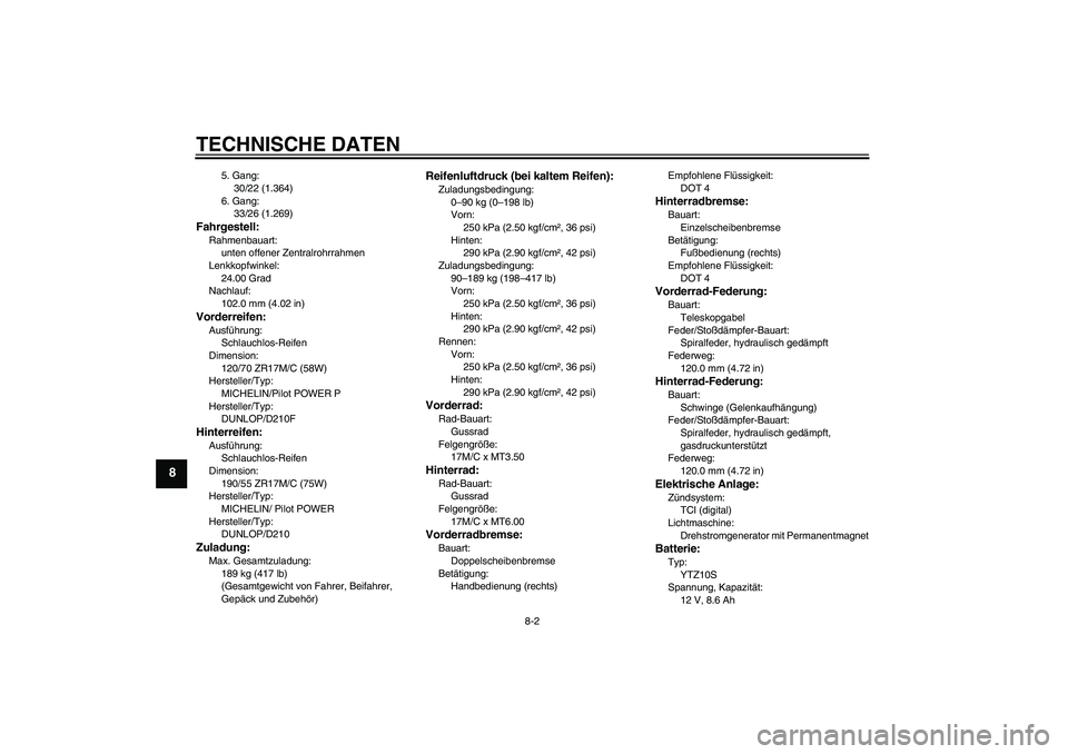 YAMAHA YZF-R1 2009  Betriebsanleitungen (in German) TECHNISCHE DATEN
8-2
8
5. Gang:
30/22 (1.364)
6. Gang:
33/26 (1.269)
Fahrgestell:Rahmenbauart:
unten offener Zentralrohrrahmen
Lenkkopfwinkel:
24.00 Grad
Nachlauf:
102.0 mm (4.02 in)Vorderreifen:Ausf