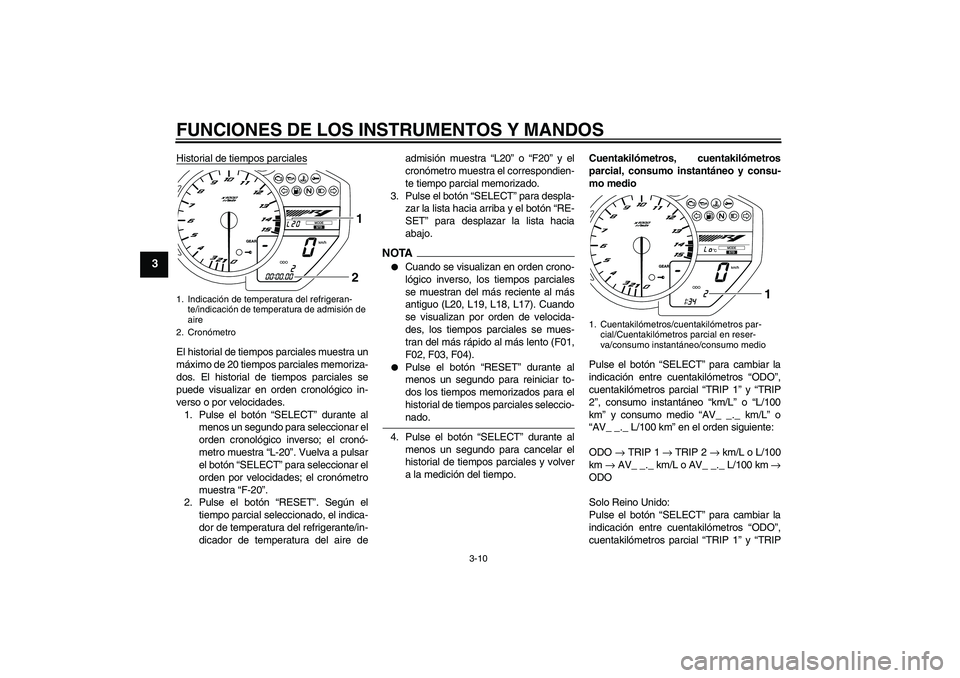 YAMAHA YZF-R1 2009 Manuale de Empleo (in Spanish) FUNCIONES DE LOS INSTRUMENTOS Y MANDOS
3-10
3
Historial de tiempos parcialesEl historial de tiempos parciales muestra un
máximo de 20 tiempos parciales memoriza-
dos. El historial de tiempos parciale YAMAHA YZF-R1 2009 Manuale de Empleo (in Spanish) FUNCIONES DE LOS INSTRUMENTOS Y MANDOS
3-10
3
Historial de tiempos parcialesEl historial de tiempos parciales muestra un
máximo de 20 tiempos parciales memoriza-
dos. El historial de tiempos parciale