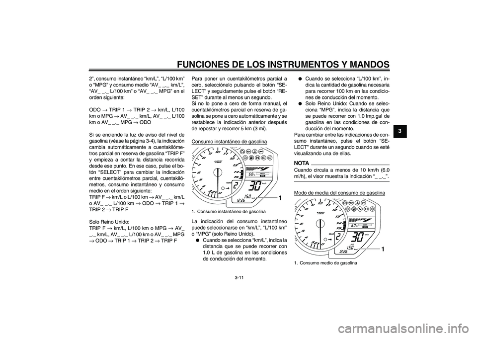 YAMAHA YZF-R1 2009 Manuale de Empleo (in Spanish) FUNCIONES DE LOS INSTRUMENTOS Y MANDOS
3-11
3
2”, consumo instantáneo “km/L”, “L/100 km”
o “MPG” y consumo medio “AV_ _._ km/L”,
“AV_ _._ L/100 km” o “AV_ _._ MPG” en el
ord YAMAHA YZF-R1 2009 Manuale de Empleo (in Spanish) FUNCIONES DE LOS INSTRUMENTOS Y MANDOS
3-11
3
2”, consumo instantáneo “km/L”, “L/100 km”
o “MPG” y consumo medio “AV_ _._ km/L”,
“AV_ _._ L/100 km” o “AV_ _._ MPG” en el
ord