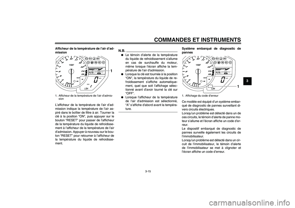YAMAHA YZF-R1 2009  Notices Demploi (in French) COMMANDES ET INSTRUMENTS
3-15
3
Afficheur de la température de l’air d’ad-
mission
L’afficheur de la température de l’air d’ad-
mission indique la température de l’air as-
piré dans le